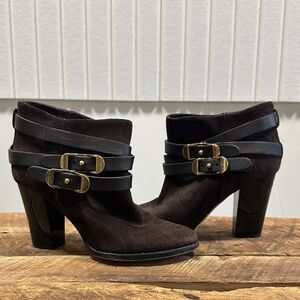Jimmy Choo Dark Brown Heeled Boots with Gold Buckles